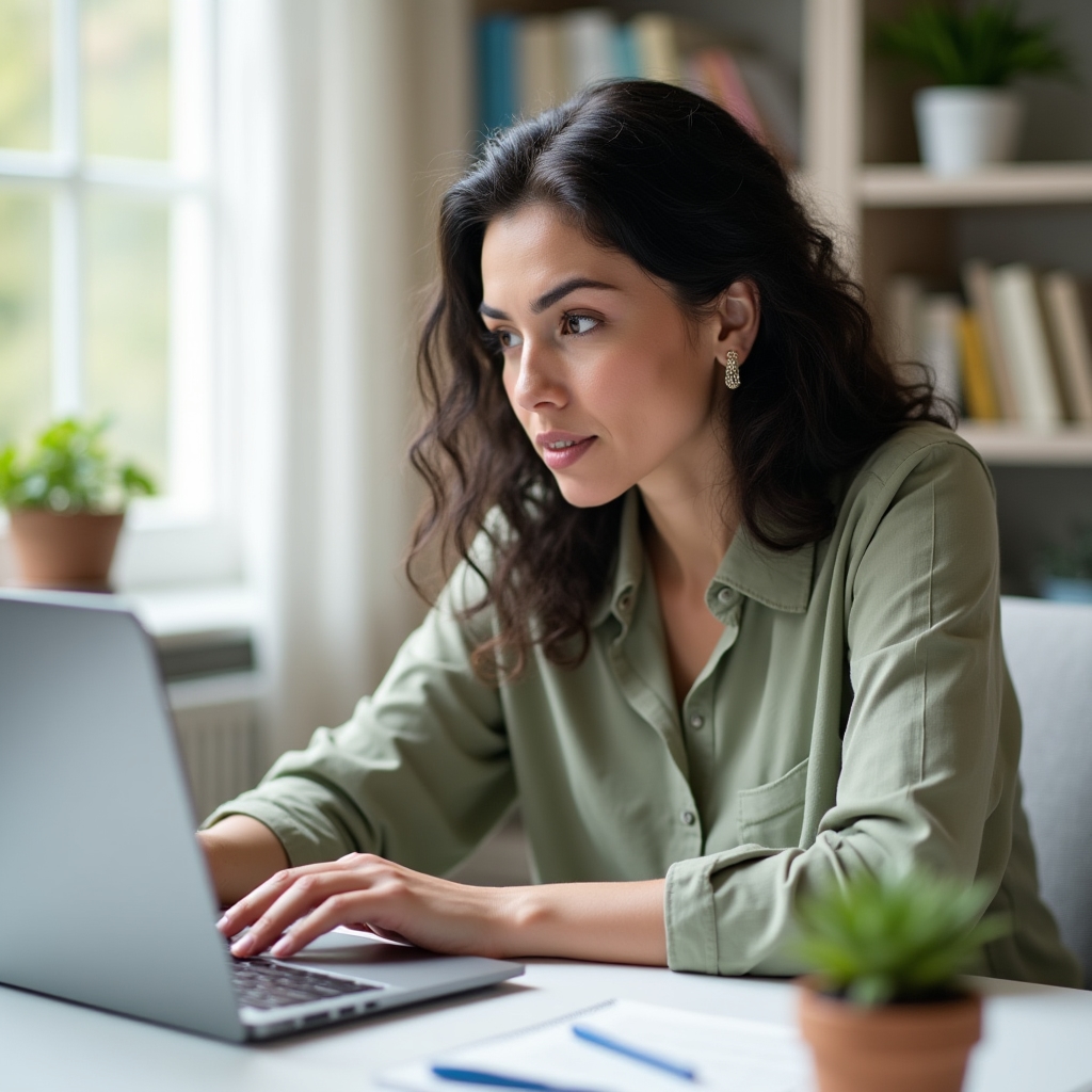 Host reviewing their Airbnb listing on a laptop at a clean desk