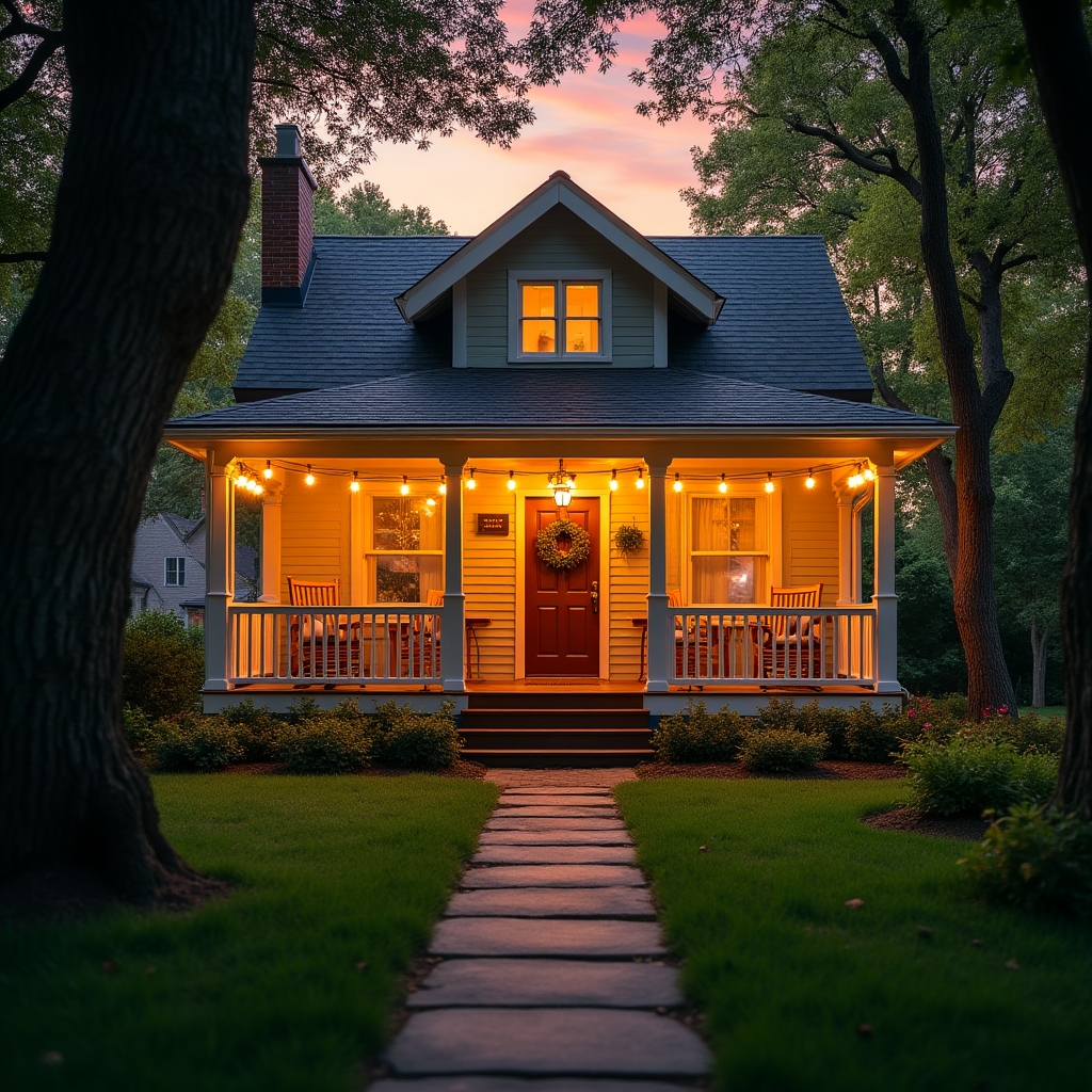 Charming short-term rental property exterior at golden hour