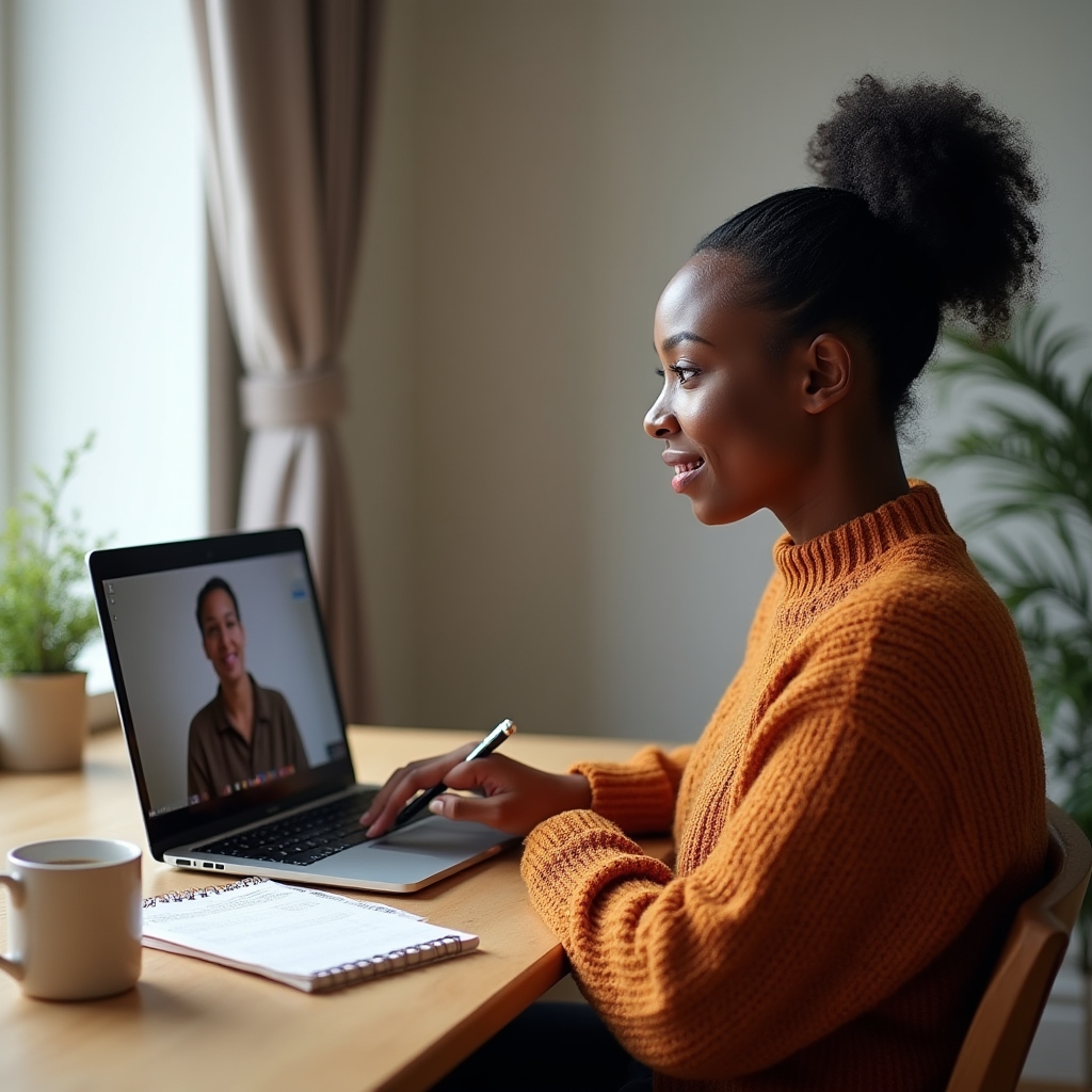 Live workshop session with host learning on screen in a cozy office environment